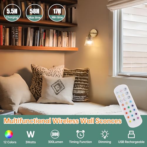 Image of Shenmoyl Vintage Battery Operated Wall Sconces Set of Two, Wireless Battery Powered Rose Wall Sconce with Remote Control, RGB Dimmable LED Wall Light for Bedside Indoor Living Room (Transparent)