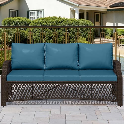 Image of HOMREST Wicker Patio Furniture 3-seat Sofa，Outdoor Seating Couch with Cushions, All-Weather Patio Couch for Porch, Poolside, Garden, Deck(Turquoise)