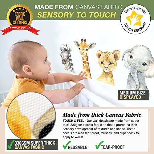 Safari Wall Decals, Fabric Boho Baby Watercolor Animal Wall Stickers, Montessori Sensory Touch, Nursery Decor Set Of 4, Lion, Elephant, Giraffe, Zebra. Newborns, Kids Room Decor, Classroom Decorations #TOP1