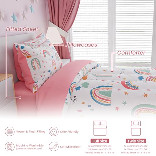 Image of SANDJEST Rainbow Full Bedding Set for Girls, Ultra Soft Microfiber Comforter Set Full Size with 4-Pieces for Kids Teen, Bed Set Comforters for Bedroom Decor