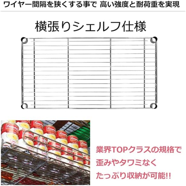 Close-up of a Luminous wire shelf, emphasizing the narrow wire spacing for high strength and load capacity, suitable for storing various items like canned goods.