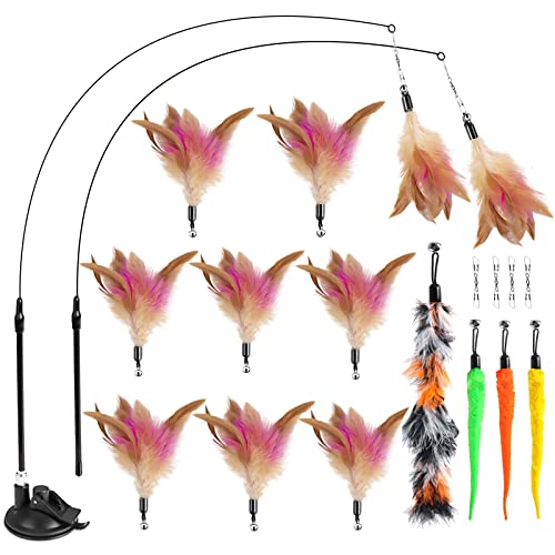 HONGDDY Pluma con Ventosa, Juguetes para Gatos con Campana, 12 Plumas Recambios, Juguetes para Gatos Interactivos Varita Ventosa con Alta Resistencia, para Gato Jugar Solo Juguetes Interior Gatitos Cover