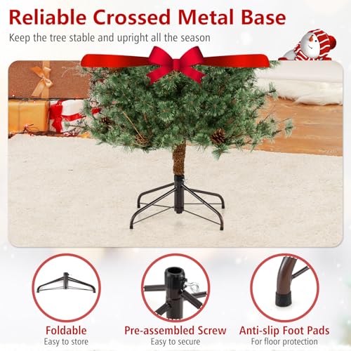 Image of Goplus 7 FT Pre-Lit Artificial Christmas Tree, Cashmere Xmas Tree with 502 Pine Needles, 300 Warm White LED Lights with Bulb Cover, Natural Pine Cones, Foldable Metal Stand, Home Office Decoration