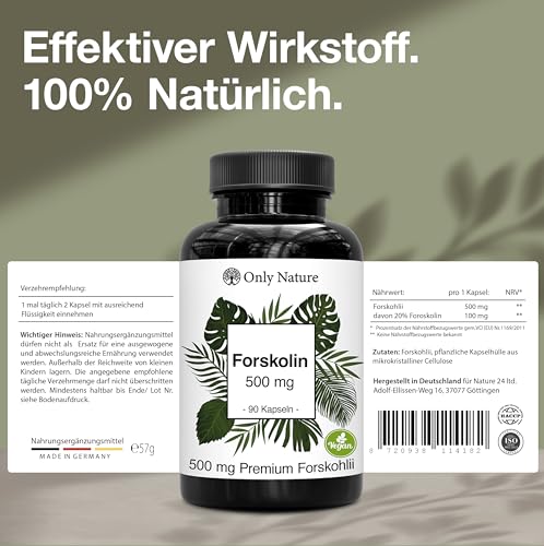 Forskolin 500 mg – 90 Kapseln – Pflanzliche Unterstützung bei Blasenbeschwerden & Stoffwechsel – Hochdosiert mit 20 % Forskolin – Vegan, Made in Germany & laborgeprüft - Forskolin hochdosiert Blase