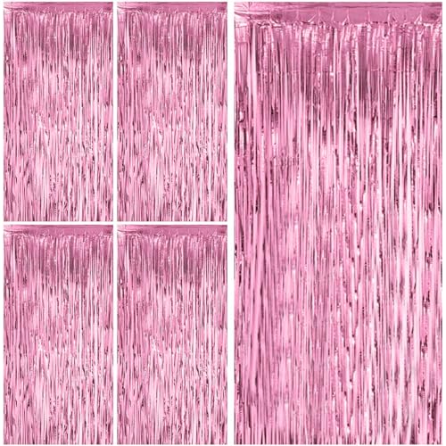 Gigmeta 5 Pezzi Tende Metalliche Rosa, 1m x 2m Orpelli e Festoni Lamina Frangia per Sfondo Fotografico e Decorazioni Festa Compleanno