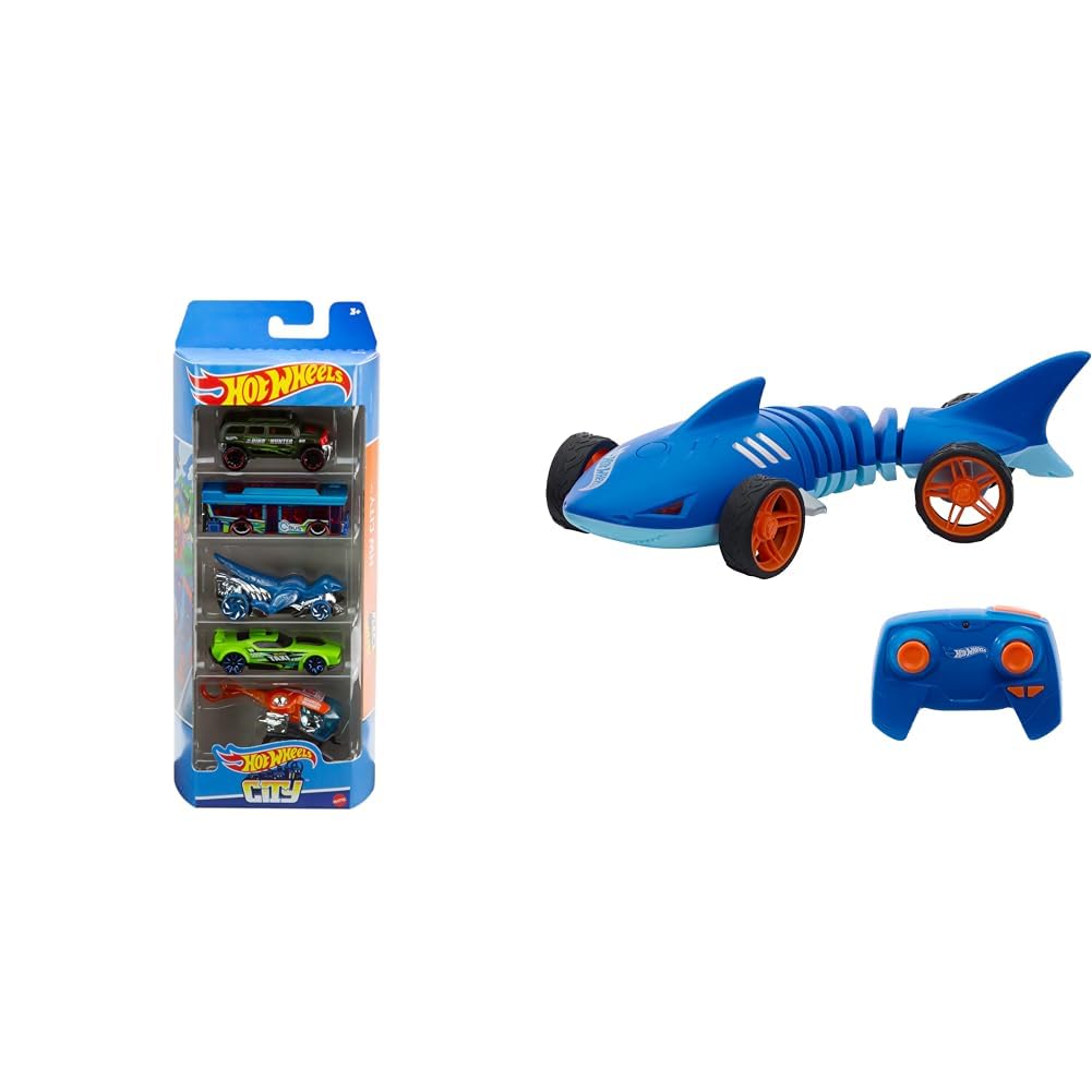 Bundle of Hot Wheels 5-Car Pack of 1:64 Scale Vehicles + Hot Wheels RC 1:15 Scale Shark Speeder, Remote-Control Vehicle That Bends, Turns & Slides Like a Mutant Machine, Features Lights & Sounds