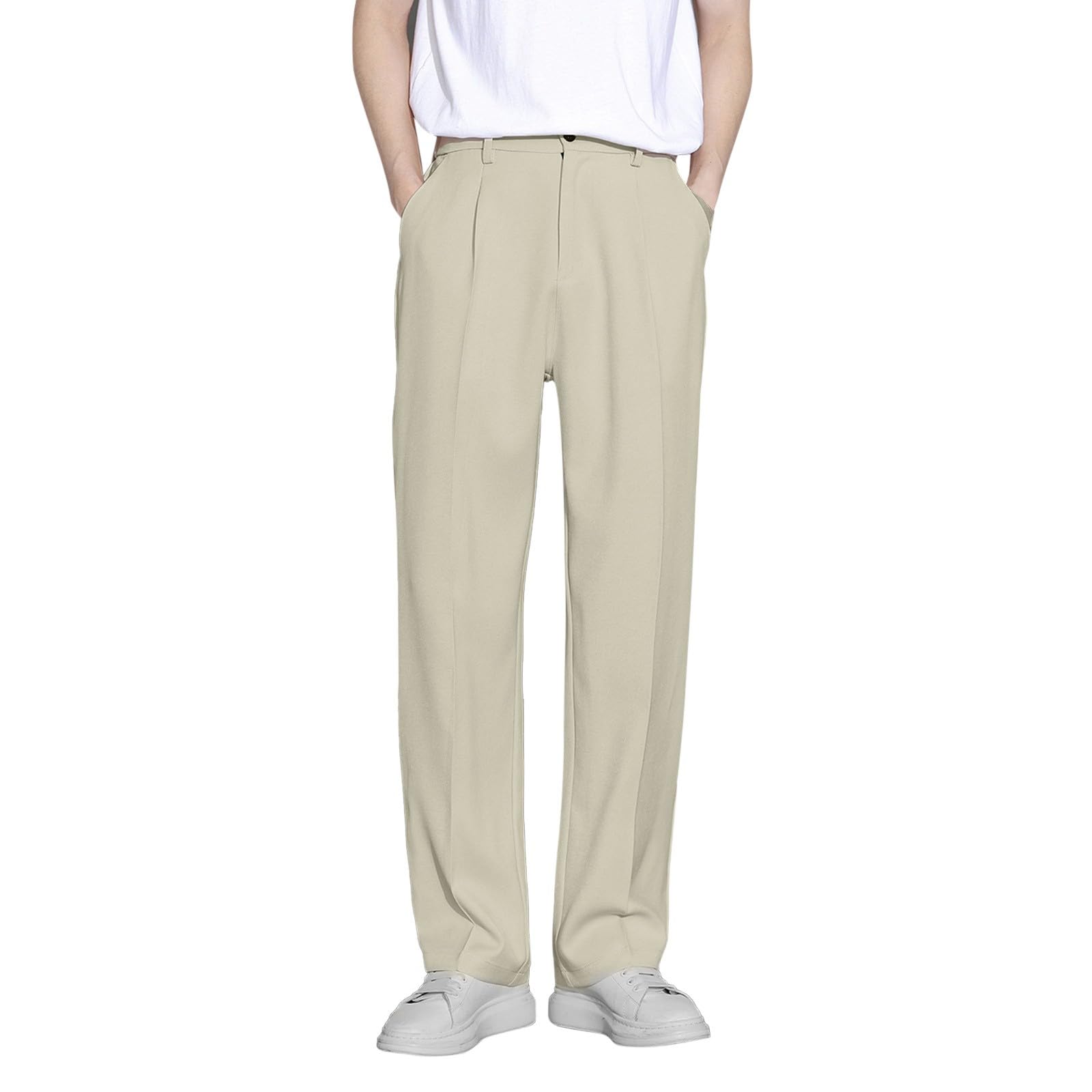 Mens Casual Straight Leg Dress Pants Comfortable Loose Fit Mid Waist Breathable Work Trousers for Daily Wear