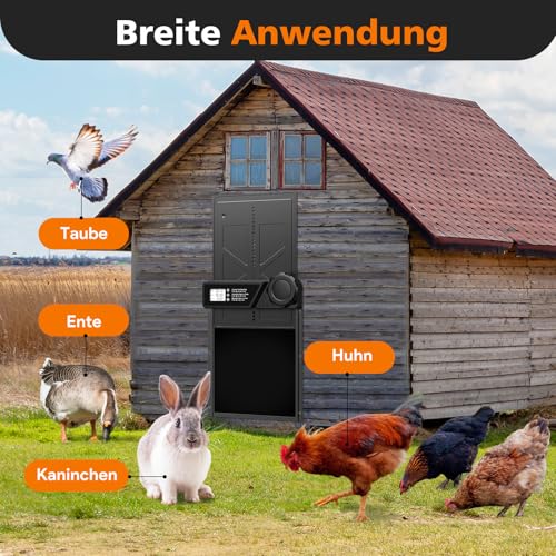 MASTERFUN Große Automatische Hühnerklappe Batterie, Aluminum Hühnerklappe Automatisch mit Wasserdicht Großes Display, Timer, Manuelle, Intelligenter Einklemmschutz Elektrische Hühnertür