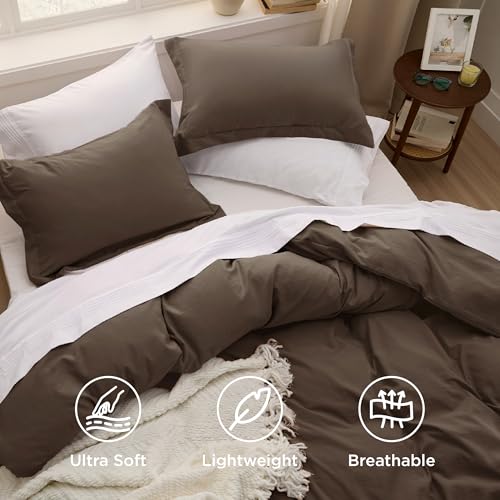 Image of Bedsure Duvet Cover Queen Size - 3 Pieces Prewashed Cotton-Like Polyester Soft Bedding Set, Includes 1 Duvet Cover 90x90 Inches with Zipper Closure & 2 Pillow Shams, No Comforter,(Dark Brown, Queen)
