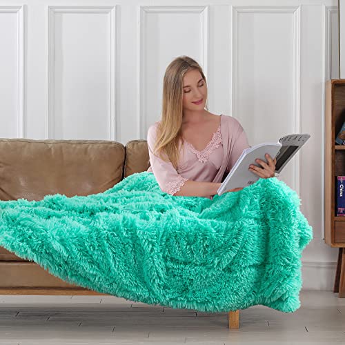 Image of Tuddrom Decorative Extra Soft Faux Fur Throw Blanket 50 inchx60 inch,Solid Reversible Fuzzy Lightweight Long Hair Shaggy Blanket,Fluffy Cozy Plush Fleece Comfy Microfiber Blanket for Couch Sofa Bed,Teal Blue
