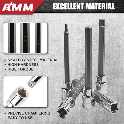 Image of AMM 3 /8 Inch Drive Extra Long allen hex bit socket set,19-Piece Standard SAE & Metric Allen socket set, S2 Alloy steel, Automobile repair tools (Pack of 2)