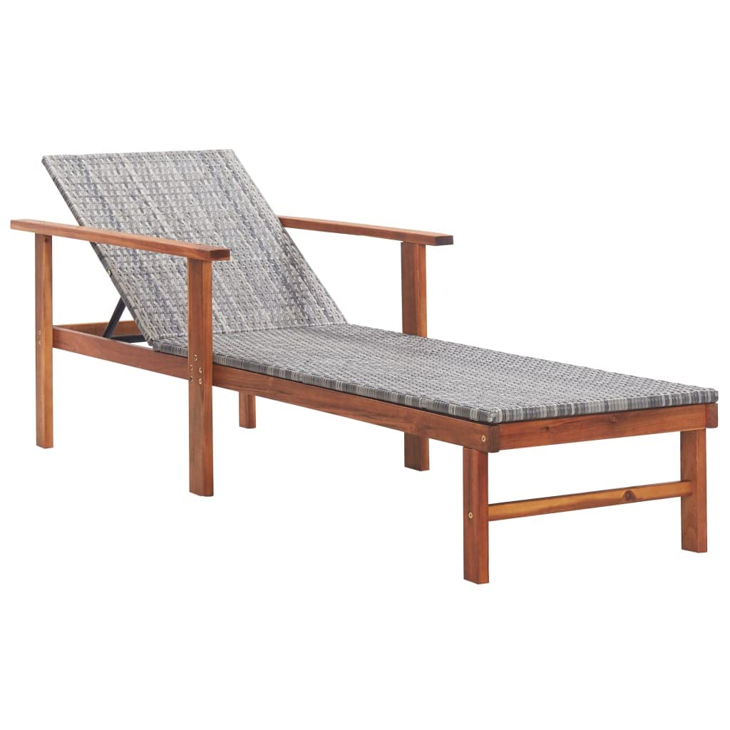 vidaXL Tumbona Ratán Sintético Reclinable Cama de Exteriores en Jardín Patio Playa Piscina Camping Multiposición Gris Madera Maciza de Acacia
