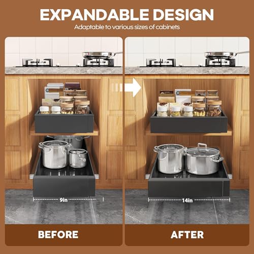 4 Pack Expandable Width (9"-14.1") Pull Out Cabinet Organizer 21" Deep with Raising Pad for Framed Cabinets, Upgrade 3 Slide Rails Slide Out Drawers, Roll Out Shelves Adhesive, Black