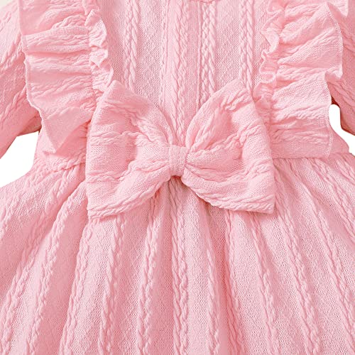 Image of Hopscotch Girls Polyester and Spandex Bow Applique Full-Sleeve Casual Dress with Headband in Pink Color