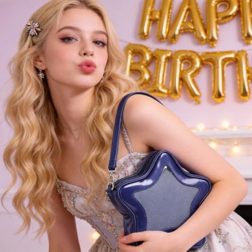 Image of Star Shape Ita Bag Pins Display Crossbody Bag PU Leather Backpack Y2k Aesthetic Cute Handbag (Dark blue)