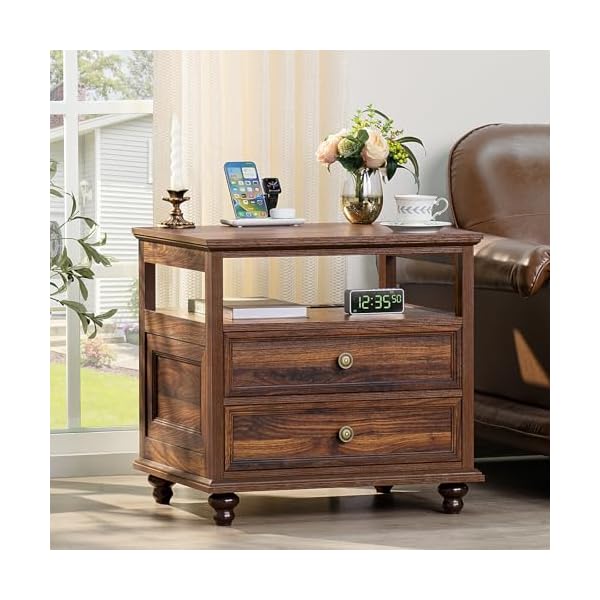 Farmhouse nightstand with charging station 24 wide end table with 2 drawers dresser for bedroom bed side table chest of drawers cabinetbrown wood night stand for living room closet  urban country home decor