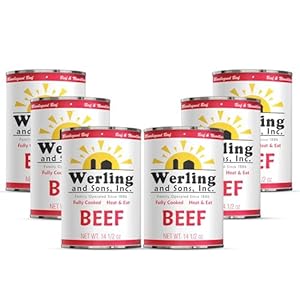 Werling Meat Canned Beef 14.5 Oz – Fully Cooked, Heat & Eat | Shelf Stable Canned Meat for Pantry Staples, Everyday Meals, Camping, Hiking, Emergency & Survival | 5-Year Shelf Life | Pack of 6