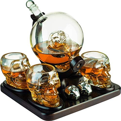 Skull Skeleton Wine & Whiskey Globe Decanter Set 850 mL With 4 Skull Head 3oz Skeletons Shot Glasses And Skull Chillers Wooden Base Decor Glass Goth Spooky Drinking Glassware The Wine Savant