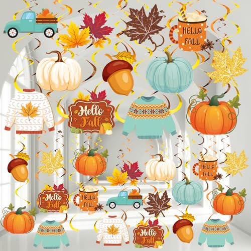 Spakon 72 Pcs Fall Hanging Swirl Decoration Fall Party Decoration Maple Leaves Pumpkin Sweater Thanksgiving Autumn Office Ceiling Decor Orange Blue Acorn Truck Swirl for Party Favor Home