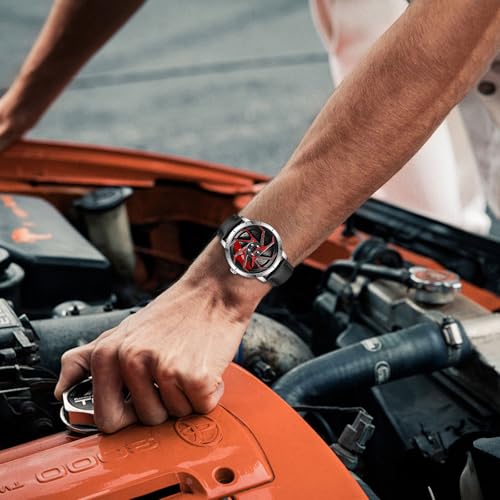Image of FANMIS Men's Racing Car Wheel Watch 3D Spinning Dial Stainless Steel Watch | Creative 3D Spinning Car Quartz Large Skeleton Face and 30M Water Resistance Designed for Car Fans and Daily Wear.