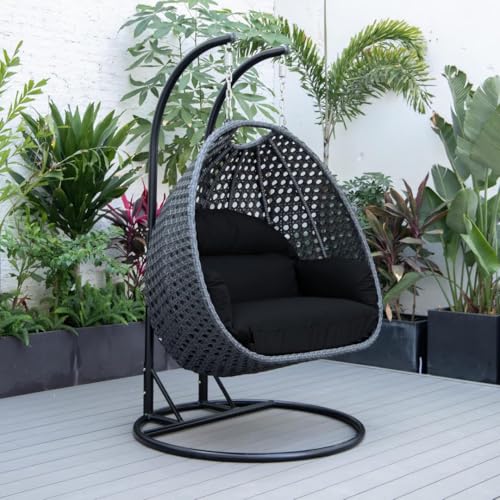 Image of Double Seater Hammock Swing Chair with Stand & Cushion | Heavy Duty Powder Coated Steel Frame | Outdoor Indoor Hanging Swing for Patio Balcony Garden Terrace Living Room (Gray-Black)