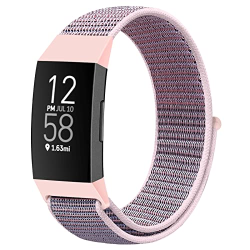 AVOD Nylon Watch Bands Compatible with Fitbit Charge 4/Charge 3/SE Soft Replacement Wristband Breathable Sport Strap with Band for Women Men (Pink Sand)