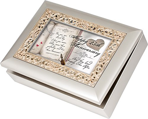 Cottage Garden Happy 25th Anniversary Silvertone Gold Inlay Jewelry Music Box Plays You