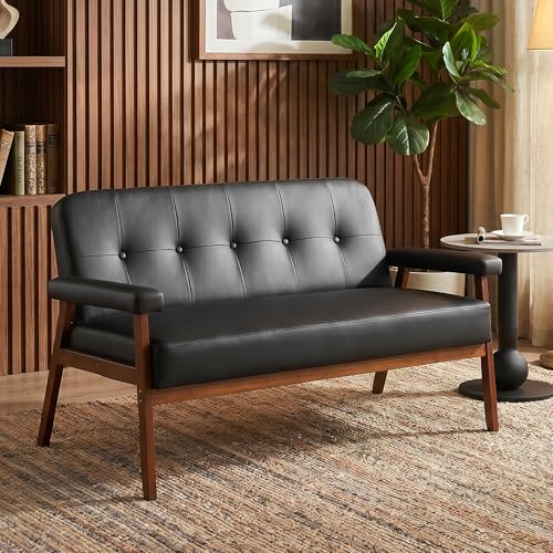 Image of JIASTING 50 inch Black Leather Loveseat Sofa, Small Office Couch with Wood Arms