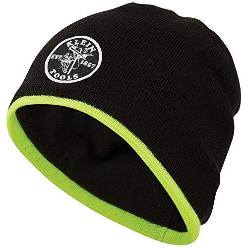 Klein Tools 60391 Knit Beanie, Thermal Fleece Winter Hat, Windproof, Fits Under Helmets, Black With High-Visibility Yellow Band Trim #TOP25