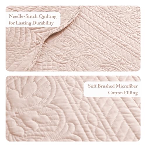 Image of Madison Park Cottage Damask Coverlet Set, 3 PC Full /Queen Quilt Set | Scallop Edge, All Season Oversized Bedding with Pre-washed Cotton-Filled Quilt, Shams, Blush