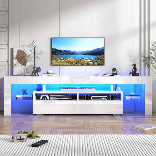 Squireewo TV Stand with 16 Color LED Lights, Media Console with Drawer and Glass Open Shelf for...