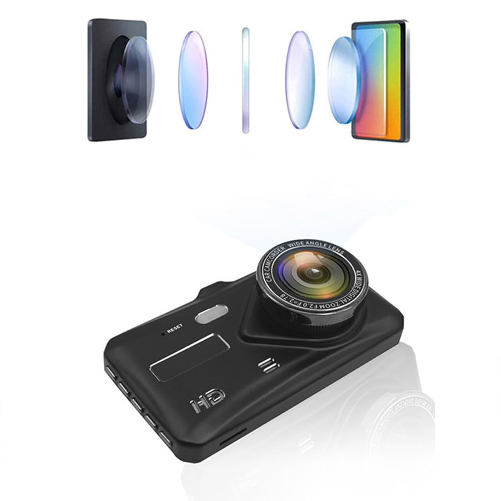 Dash cam con schermo da 4 pollici e notturna per registrazioni | giorno e di notte, con doppia registrazione anteriore e posteriore e funzione di retromarcia.