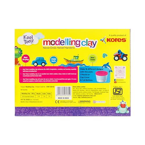 Image of Kores Kool Toolz Modelling Clay - 200 g | 8 Vibrant Shades Including 2 Neon Colors | 4 Moulds, 1 Roller & 1 Cutter | Soft, Reusable & Non-Toxic | Ideal for Kids 3+ | Perfect Return Gift & Craft Kit