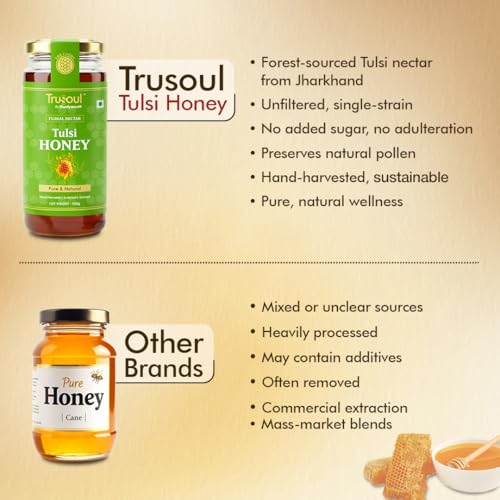 Image of Baidyanath TruSoul Pure & Natural Tulsi Honey 500g | Wild Forest Sourced | Natural Immunity Booster | Raw & Unprocessed Honey | No Adultration | Glass Jar | Lab Certified (Pack of 2)