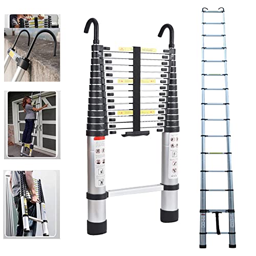 6,2m Teleskopleiter mit 2 Dachhaken aus Aluminium, Mehrzweck-Teleskopleiter, Dachbodenleiter Ausziehbare Leiter Telescopic Ladder 150kg Max. Belastung EN131-Zertifiziert Cover