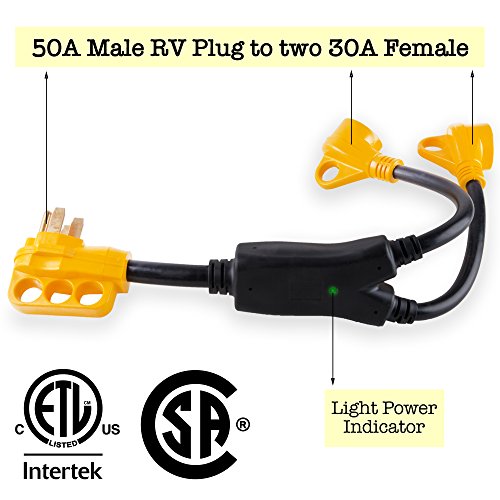 Proline Power RV Camper Y Adapter Cord with Handles - 50 Amp Male Plug to (2) 30 Amp RV Female Connectors