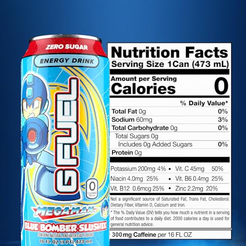 G Fuel Blue Bomber Slushee - Icy Blue Raspberry Slush Energy Drink Inspired by Mega Man, 16 oz can, 12-pack case