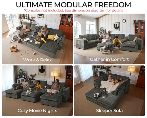 Image of Oversized Modular Sectional Sofa, Comfy Cloud Couch with Reversible Chaises Extra Deep U-Shaped Sleeper Sofa Bed for Living Room, Covers Washable, 6-Seater with 2 Corners, Chenille, Grey