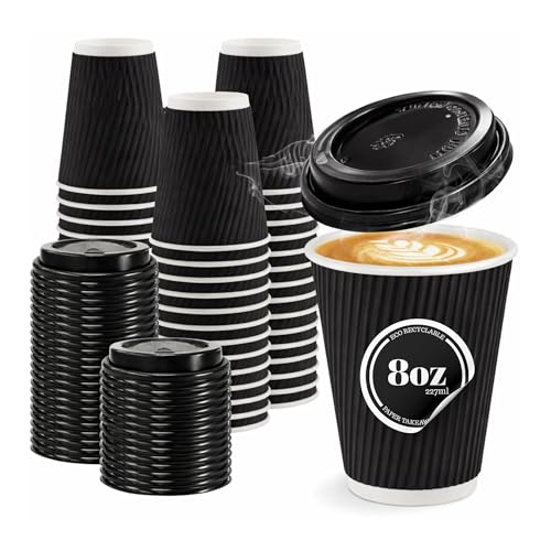 CaterCo 8oz Black Ripple Wall Coffee Cups & Lids - 200 Pack Triple Insulated Cups & Lids for Hot Drinks Tea - Recyclable Black Paper Cups for Cafes Takeaway Office - 8oz / 237ml - 200 Cups & Lids