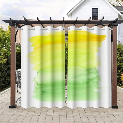 Surwin 2 Stück 3D Bunt Outdoor Vorhang Wetterfest, Verdunklungsvorhänge mit Ösen,Balkon Sichtschutz,Vorhänge Blickdicht,Outdoor Vorhang für Balkon Terrasse Pergola (Gelb-Grün,106x160cm)