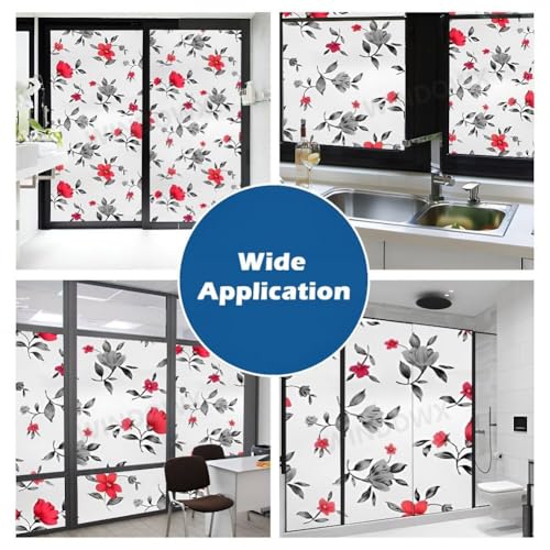Image of Premium Vinyl Privacy Stained Window Glass Sticker (16x48 Inch) - Self-Adhesive Decorative Sticker Opaque Tint Wallpaper for Glass Cover Window, Door, Office, Home.| Anti-UV. Red Black Flowers