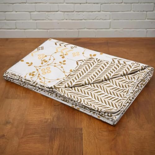 Image of HUESLAND 100% Cotton Reversible Dohar Single Bed Cotton | Soft Cambric Weave, Lightweight AC Blanket for Summer & All Weather Use | 56 x 89 inches, Petal - White, Moss Green & Mustard