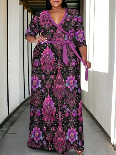 Image of SUZONANA Women's Plus Size Maxi Dresses Casual Loose Short Sleeve Long Maxi Dress with Belt Wedding