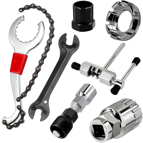 Mockotta 7 Pcs Fahrrad Werkzeug Set für Wartungswerkzeuge Mountainbikes Rennräder, Fahrrad Werkzeug Set inlk.3-in-1 Kassettenentferner Schlüssel Halterungsentfer Kettenbrecher Schraubenschlüssel