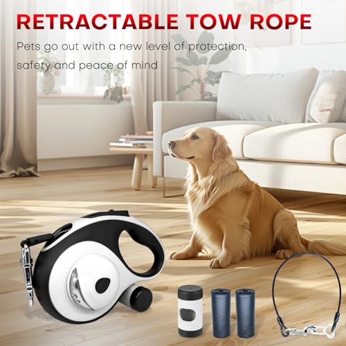 XMZALST Coleira Retrátil Para Cães 4 Em 1 De 8,9 M Atualizada Com Luz Led, Dispensador E Saco Cocô,