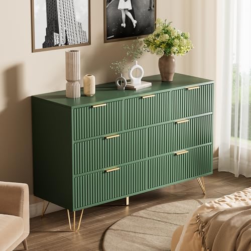 Image of Furniway Dresser for Bedroom, Fluted Modern Dresser with Gold Pulls and 7 Drawers, 15.7 inch D x 47.2 inch W x 31.4 inch H, Green