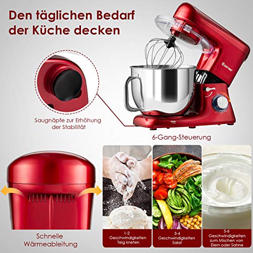 COSTWAY 1400W Küchenmaschine mit Griff, 7L Rührmaschine, Knetmaschine Edelstahl, 6 stufen Teigmaschine inkl. Schneebesen… – Bild 3