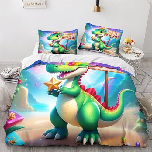 Housse de couette dinosaure parure de lit 3 pièces microfibre douce 220x240cm