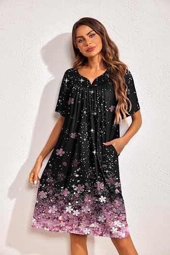 Image of Ekouaer 2 Pack House Dresses for Women with Pockets Short Sleeve Moo Moos Floral Print Mumu Dresses