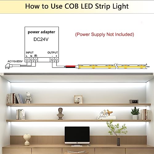 Image of COB LED Strip Lights,6000K Daylight White LED Strips,DC24V 5M /16.4ft,Flexible High Density Uniform Strip Lights,320leds /M,8mm Width,CRI90+ led Tape Light for Room Decoration(No Power Supply)